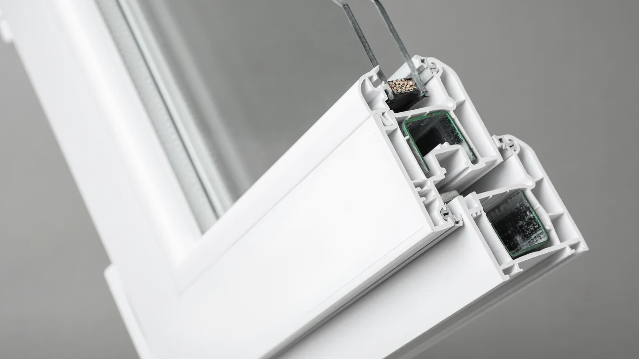 Cross-section of a uPVC window frame showing the glazing